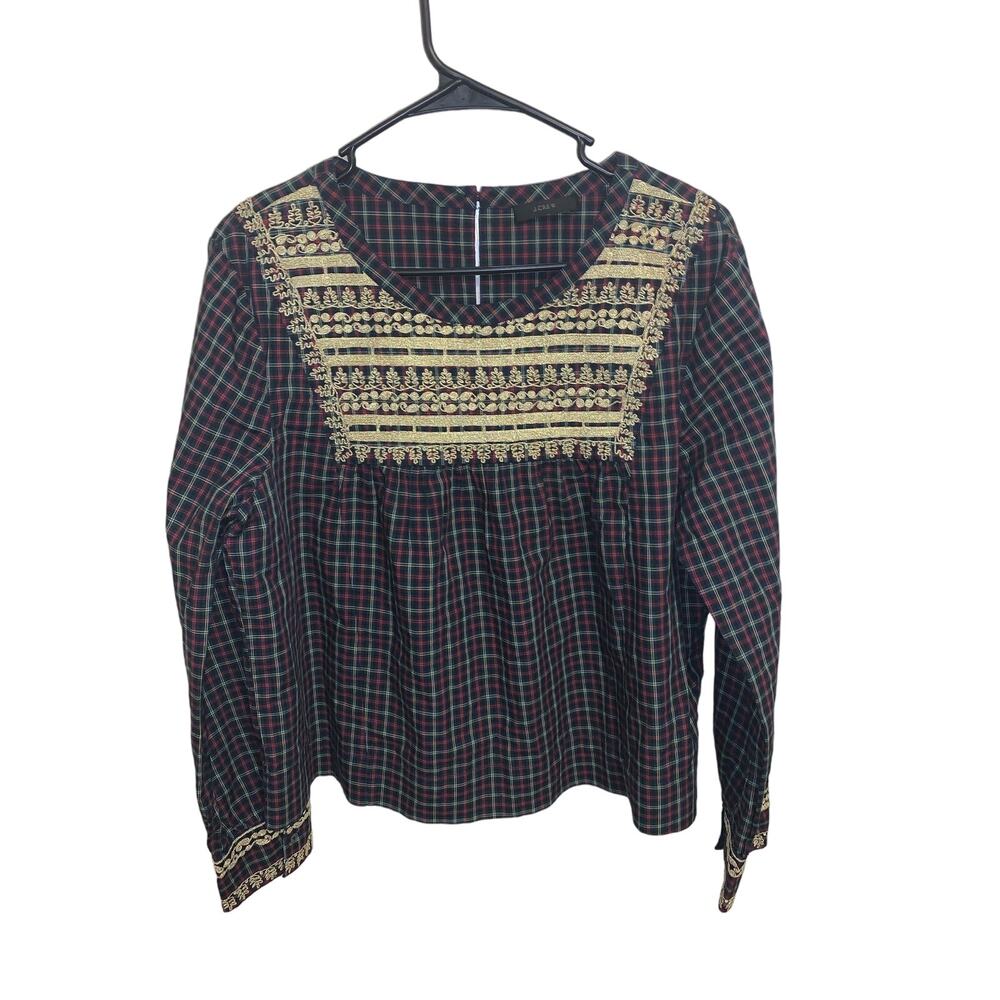 J. Crew Christmas/holiday plaid top with gorgeous embroidery compares to an XL